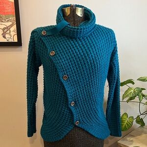 Teal Asymmetrical Pullover Button Sweater Cowl Neck Est Size XS-Small